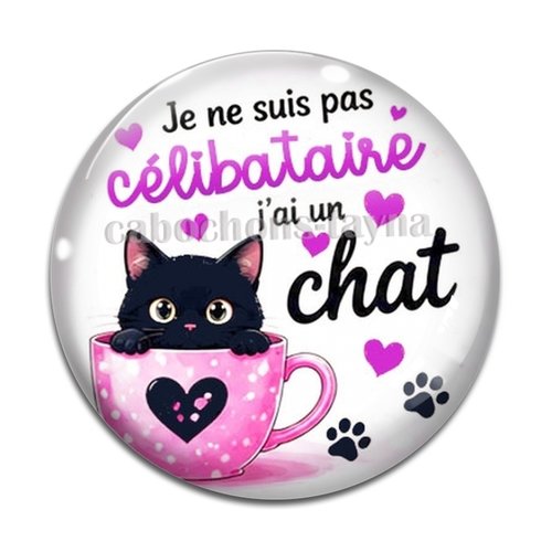 Cabochon je ne suis pas célibataire j'ai un chat, résine ou verre rond différente taille