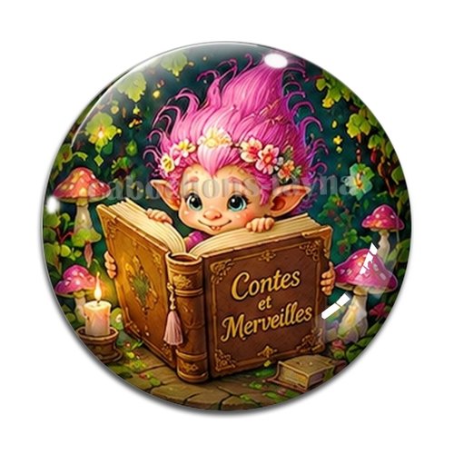Cabochon troll magique livre, résine ou verre rond différente taille