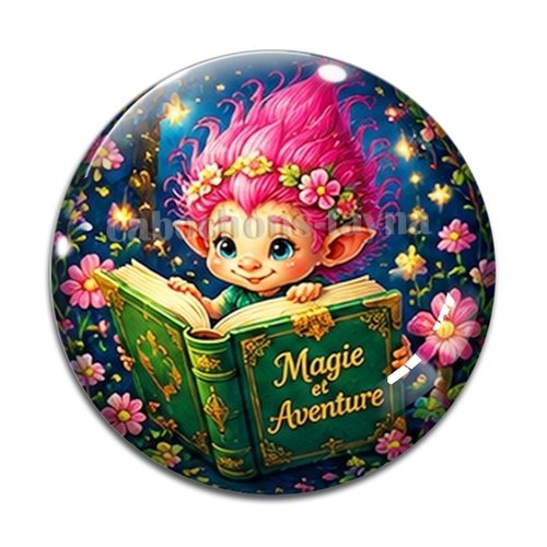 Cabochon troll magique livre, résine ou verre rond différente taille