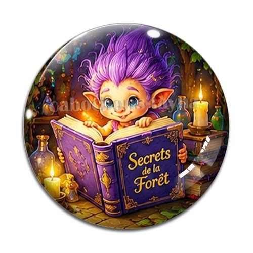 Cabochon troll magique livre, résine ou verre rond différente taille