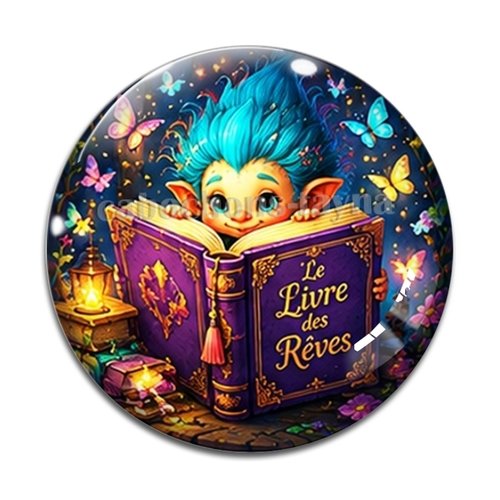 Cabochon troll magique livre, résine ou verre rond différente taille