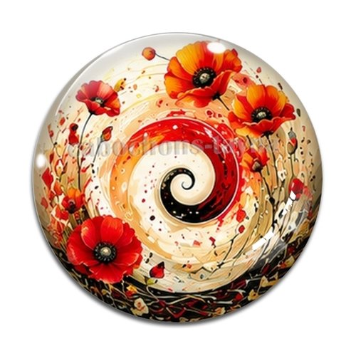 Cabochon spirale coquelicot, cabochon résine, verre rond différente taille