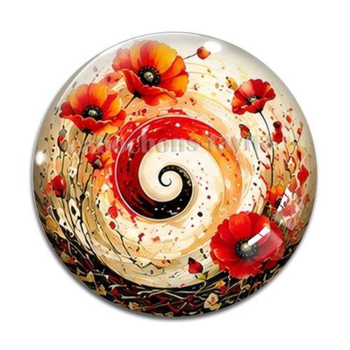 Cabochon spirale coquelicot, cabochon résine, verre rond différente taille