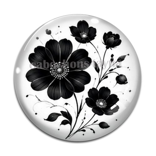 Cabochon fleur noire et blanche, cabochon résine ou verre rond différente taille