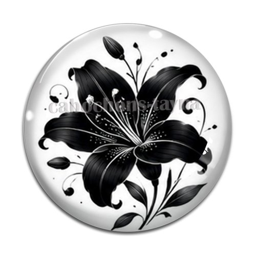 Cabochon fleur noire et blanche, cabochon résine ou verre rond différente taille