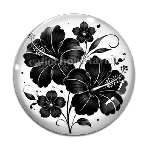 Cabochon fleur noire et blanche, cabochon résine ou verre rond différente taille