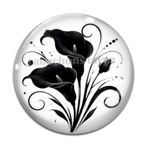 Cabochon fleur noire et blanche, cabochon résine ou verre rond différente taille