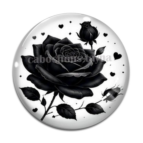 Cabochon fleur noire et blanche, cabochon résine ou verre rond différente taille