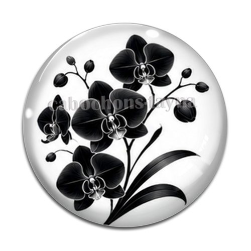 Cabochon fleur noire et blanche, cabochon résine ou verre rond différente taille