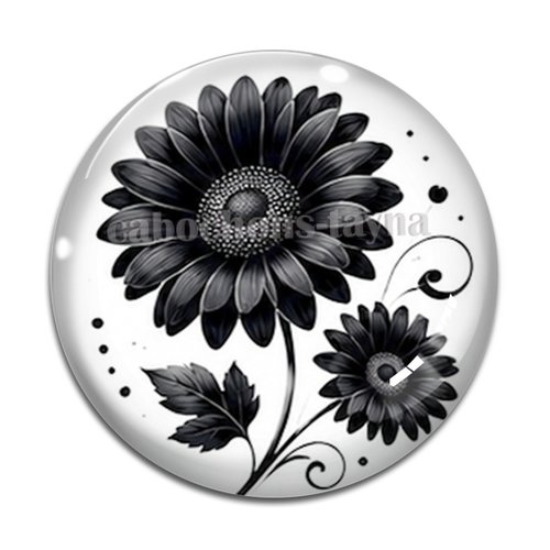Cabochon fleur noire et blanche, cabochon résine ou verre rond différente taille