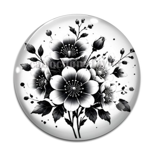 Cabochon fleur noire et blanche, cabochon résine ou verre rond différente taille