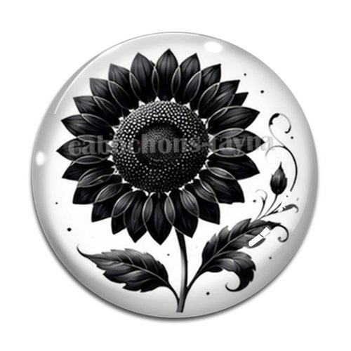 Cabochon fleur noire et blanche, cabochon résine ou verre rond différente taille