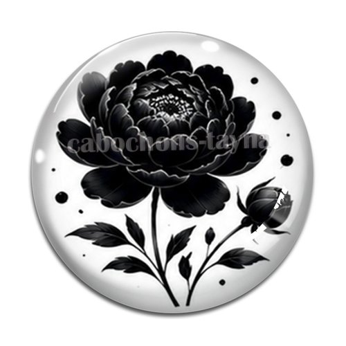 Cabochon fleur noire et blanche, cabochon résine ou verre rond différente taille