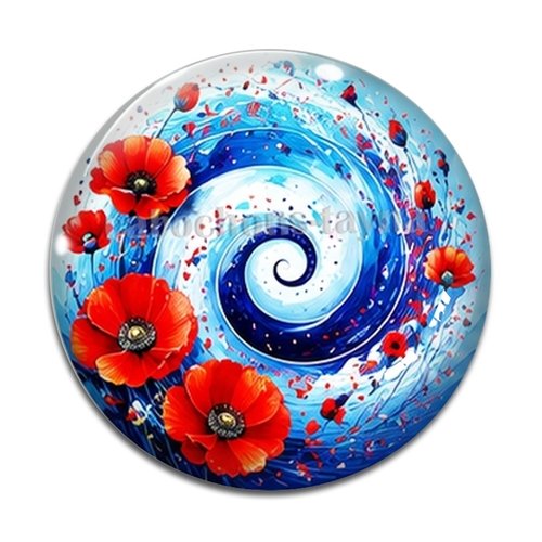 Cabochon spirale coquelicot, cabochon résine, verre rond différente taille