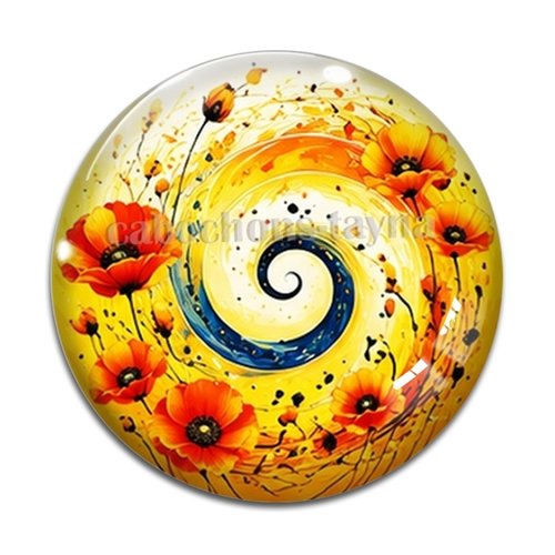 Cabochon spirale coquelicot, cabochon résine, verre rond différente taille
