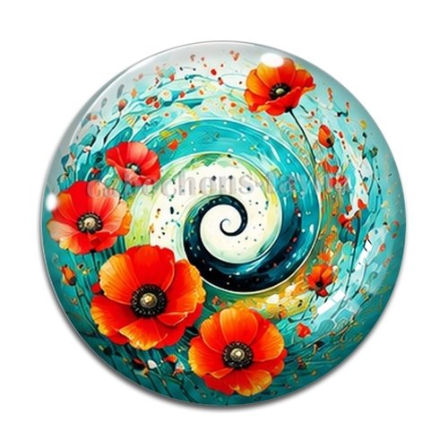 Cabochon spirale coquelicot, cabochon résine, verre rond différente taille