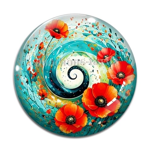 Cabochon spirale coquelicot, cabochon résine, verre rond différente taille