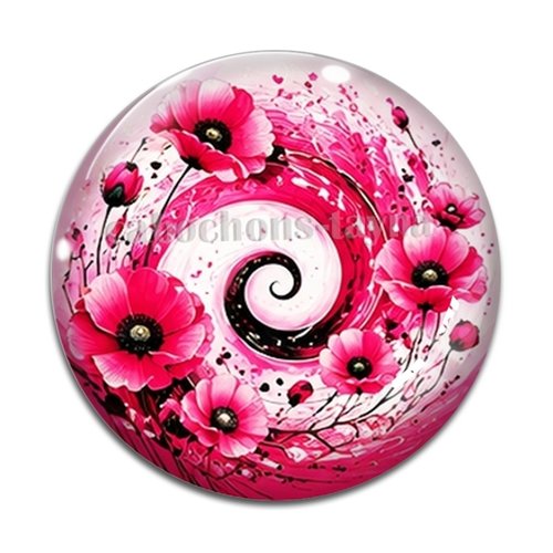 Cabochon spirale coquelicot, cabochon résine, verre rond différente taille