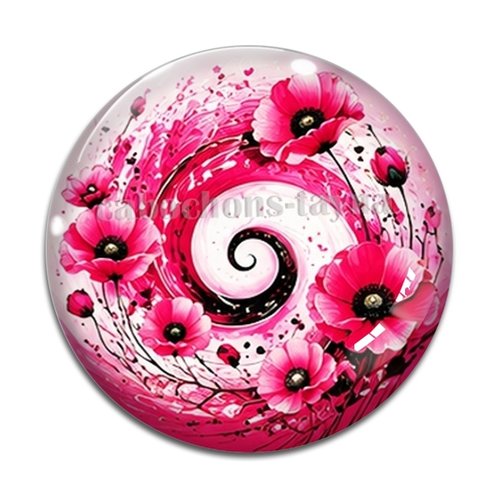 Cabochon spirale coquelicot, cabochon résine, verre rond différente taille