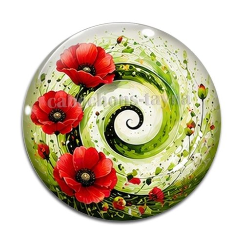Cabochon spirale coquelicot, cabochon résine, verre rond différente taille