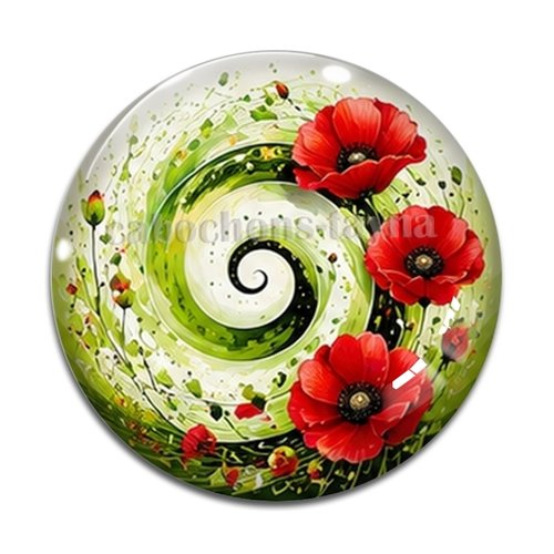 Cabochon spirale coquelicot, cabochon résine, verre rond différente taille