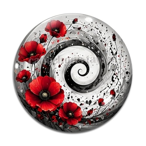 Cabochon spirale coquelicot, cabochon résine, verre rond différente taille