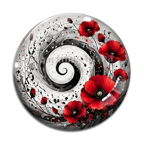 Cabochon spirale coquelicot, cabochon résine, verre rond différente taille