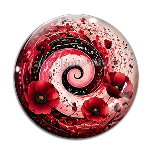 Cabochon spirale coquelicot, cabochon résine, verre rond différente taille