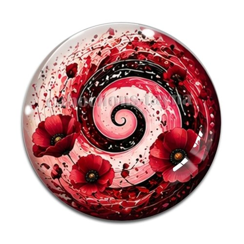 Cabochon spirale coquelicot, cabochon résine, verre rond différente taille
