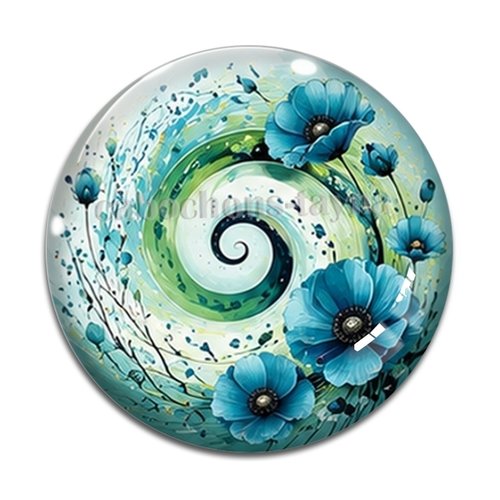 Cabochon spirale coquelicot, cabochon résine, verre rond différente taille