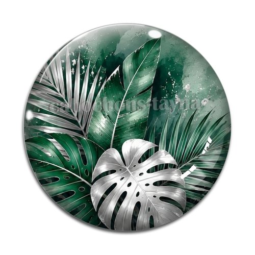 Cabochon feuille vert et argent, cabochon résine - ou verre rond différente taille