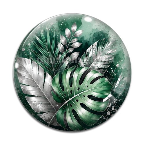 Cabochon feuille vert et argent, cabochon résine - ou verre rond différente taille