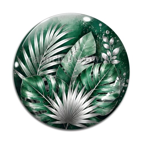 Cabochon feuille vert et argent, cabochon résine - ou verre rond différente taille