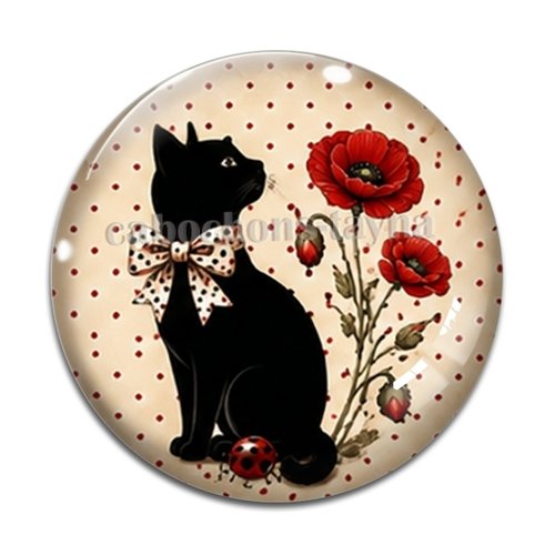 Cabochon chat noir coquelicot – résine ou verre – différentes tailles disponibles