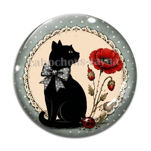 Cabochon chat noir coquelicot – résine ou verre – différentes tailles disponibles