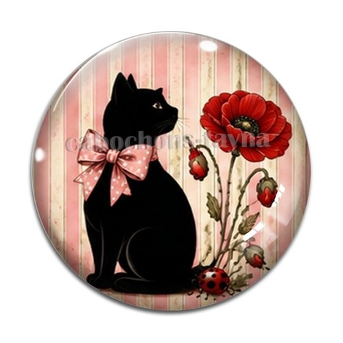 Cabochon chat noir coquelicot – résine ou verre – différentes tailles disponibles