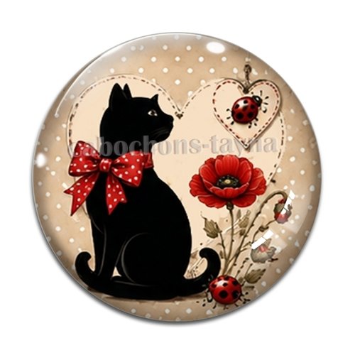 Cabochon chat noir coquelicot – résine ou verre – différentes tailles disponibles