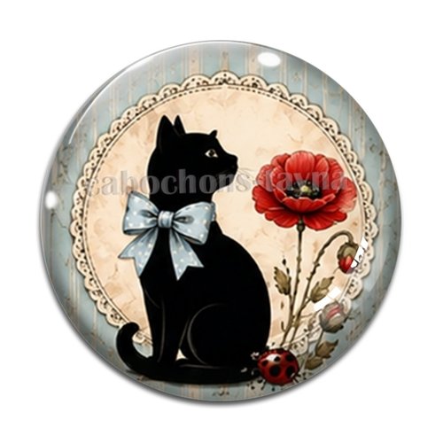 Cabochon chat noir coquelicot – résine ou verre – différentes tailles disponibles