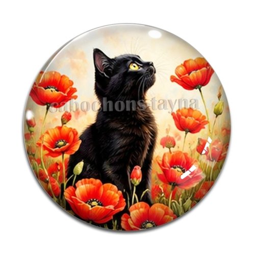 Cabochon chat coquelicot, résine ou verre rond différente taille