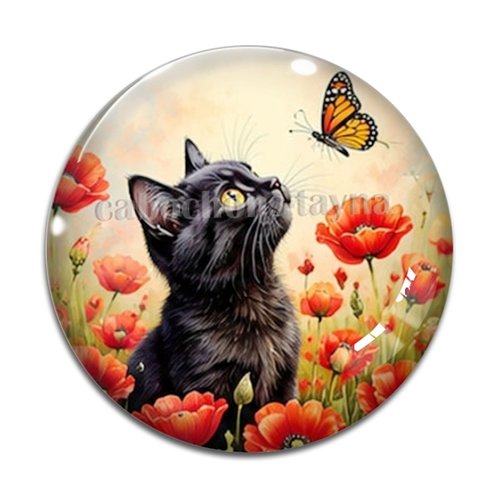 Cabochon chat coquelicot, résine ou verre rond différente taille