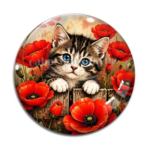 Cabochon chat coquelicot, résine ou verre rond différente taille