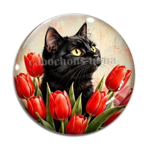 Cabochon chat coquelicot, résine ou verre rond différente taille