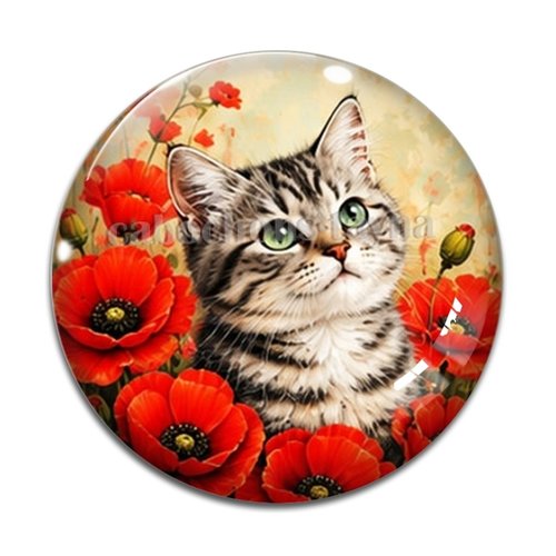 Cabochon chat fleur, résine ou verre rond différente taille