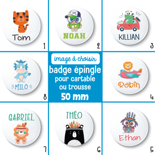 Badge épingle rentrée scolaire - 50 mm - choix de l'image - badge trousse, cartable, veste, ou autres supports de l'enfant - badge école 