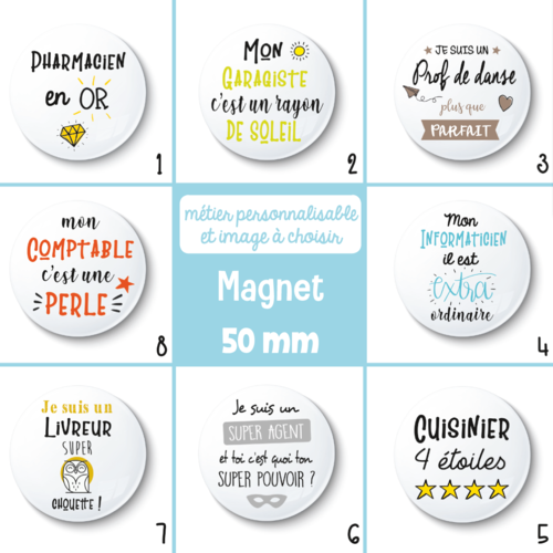 Magnet métier personnalisable - 50 mm - cadeau remerciement - choix de l'image et du métier