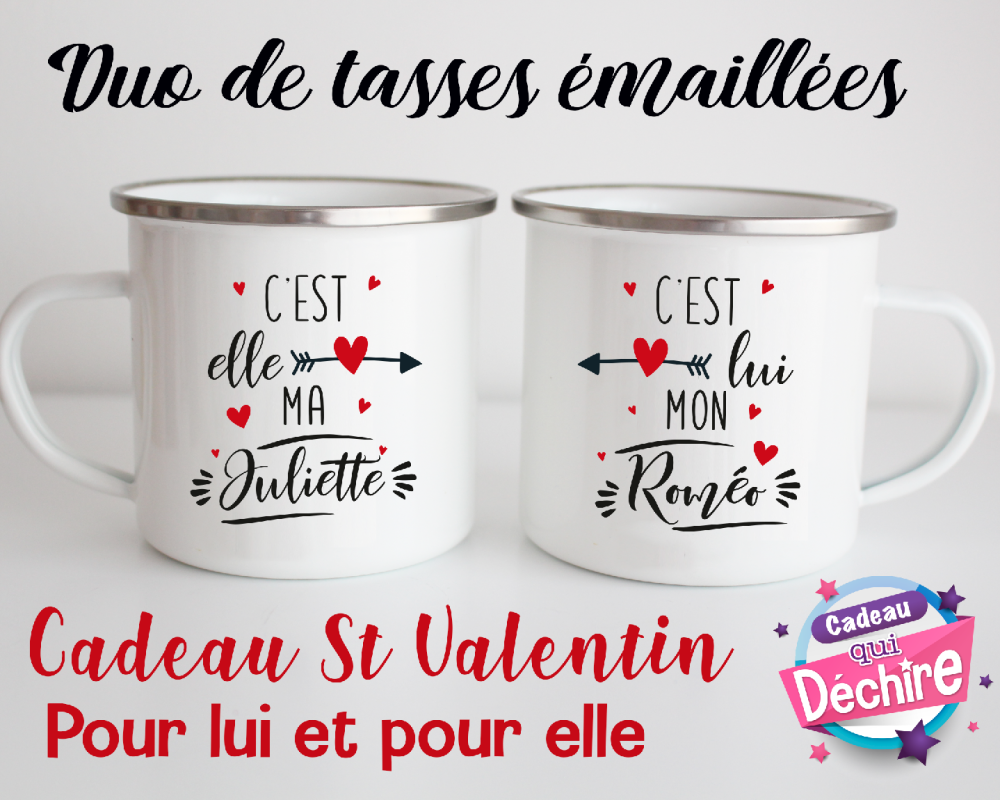 Duo tasses émaillées, mug émaillé personnalisable, idée de cadeau st  valentin, cadeau duo saint valentin - Un grand marché