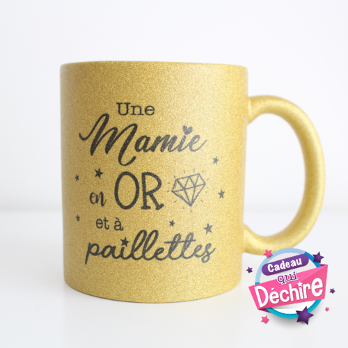 Mug glitter en céramique - mug mamie - idée de cadeau fête des grands-mères - cadeau fête des mamies - choix du sens de la poignée