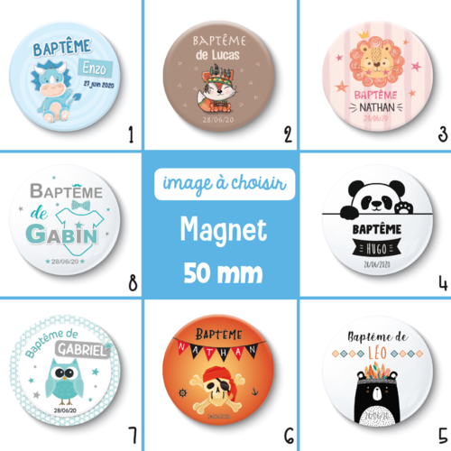 Magnet baptême personnalisable en anniversaire - 50 mm - choix de l'image - thème garçon