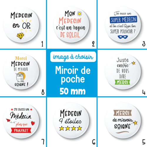Miroir de poche médecin - 50 mm - cadeau remerciement - choix de l'image - cadeau médecin
