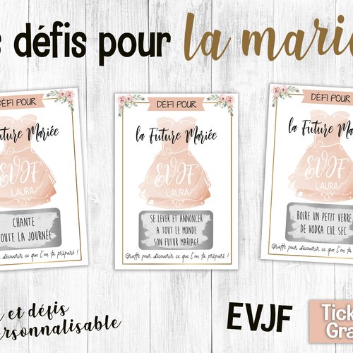 3 cartes à gratter evjf personnalisable - ticket à gratter evjf - mariage - team de la ma